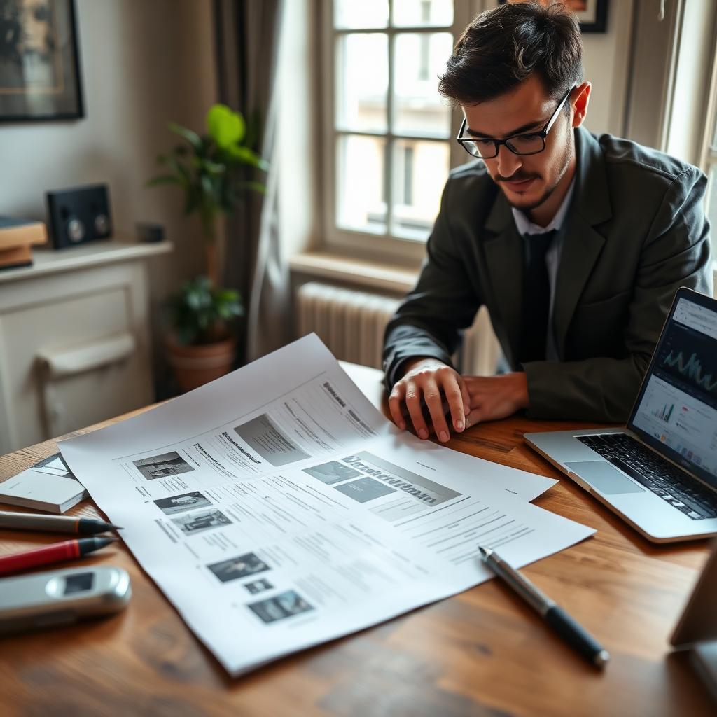 Diagnostiqueur relisant un rapport de diagnostic immobilier sur un bureau parisien