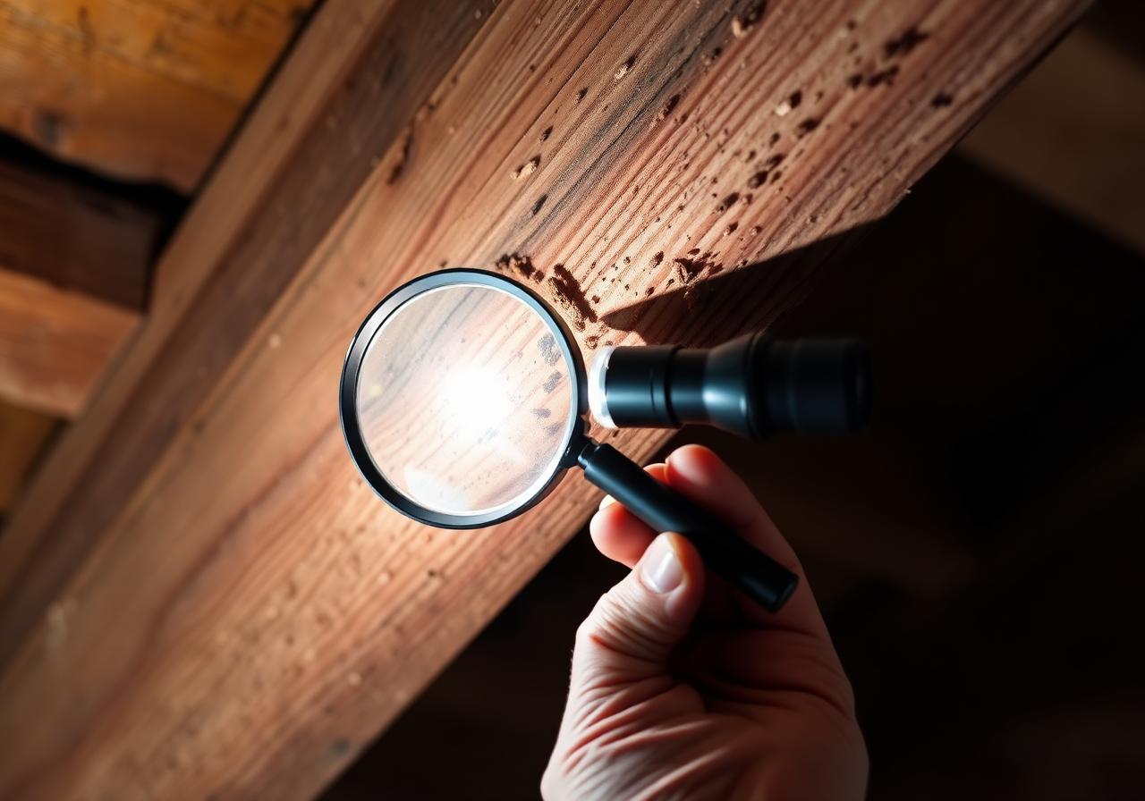 Inspection de termites sur poutre en bois ancienne